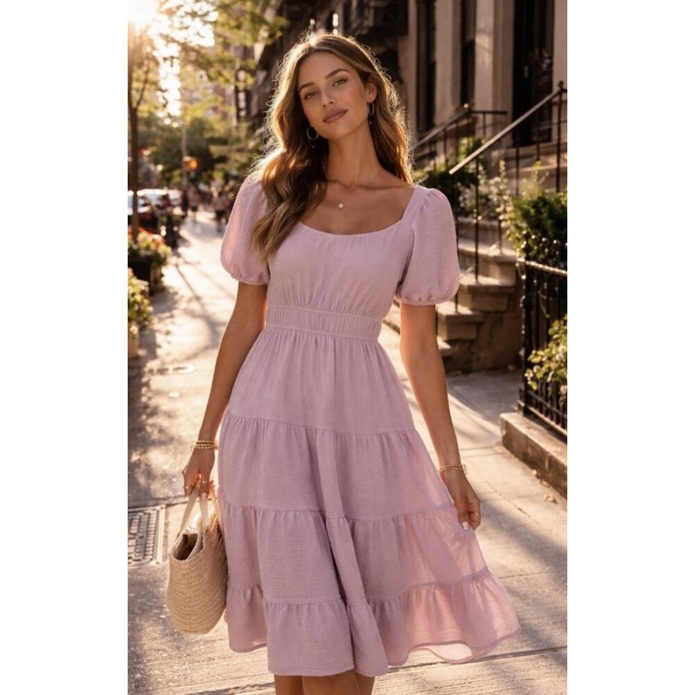 Monteau Women's Pink Tiered Puff Sleeve Midi Dress M Flowy Puff Sleeve
